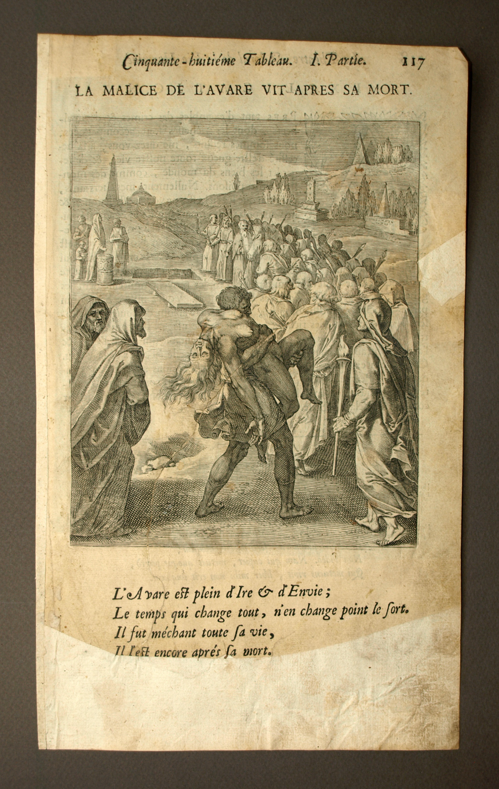 LA MALICE DE L'AVARE VIT APRES SA MORT gravure originale 1678 po&eacute;sies d'Horace 