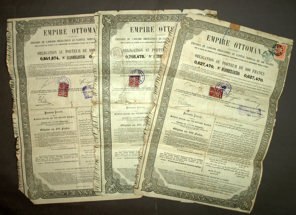 EMPIRE OTTOMAN, EMPRUNT A PRIME, OBLIGATION AU PORTEUR DE 400 FRANCS en 1870 