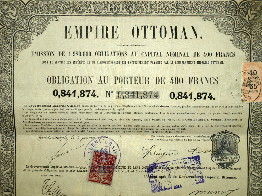 EMPIRE OTTOMAN, EMPRUNT A PRIME, OBLIGATION AU PORTEUR DE 400 FRANCS en 1870 