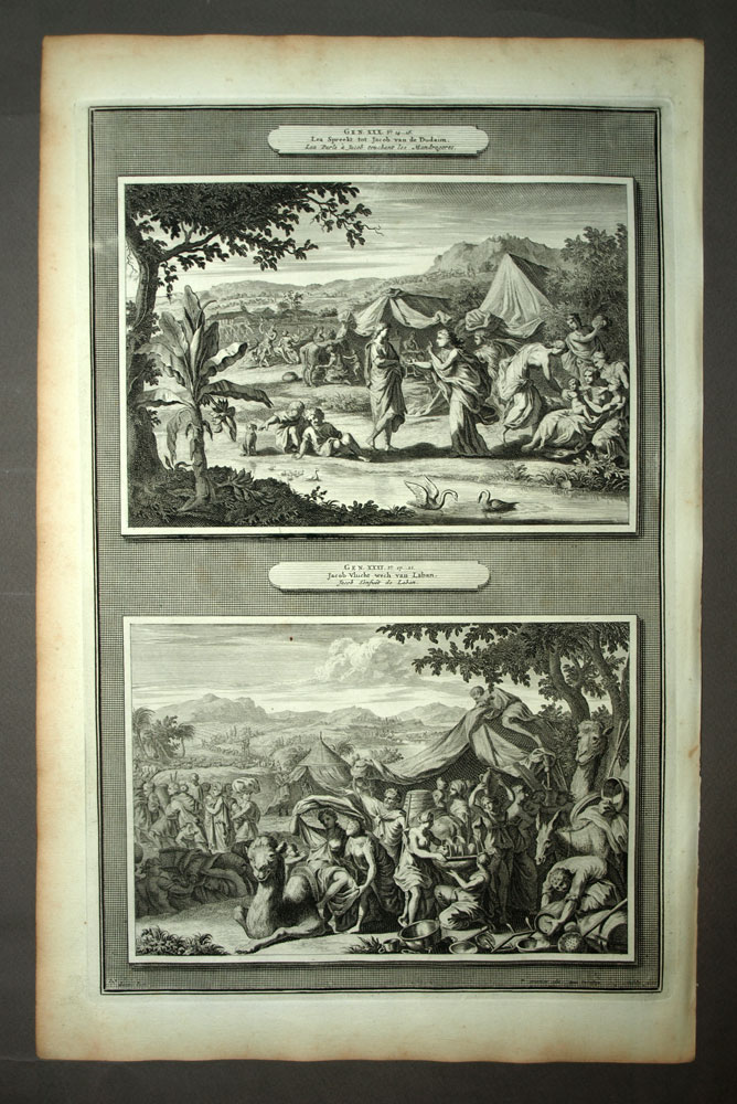 LEA, JACOB et MANDRAGORES , FUITE DE LABAN Gravure planche de la Bible 1700 