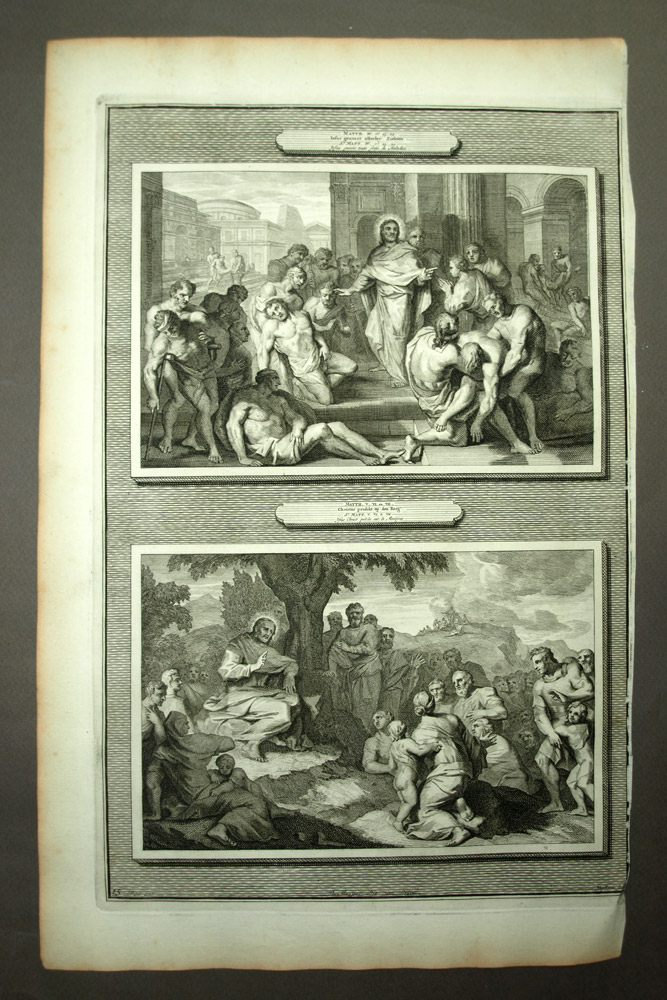 JESUS SOIGNE LES MALADIES et PRECHE SUR LA MONTAGNE Gravure de la Bible 1700 JESUS SOIGNE LES MALADIES et PRECHE SUR LA MONTAGNE Gravure de la Bible 1700