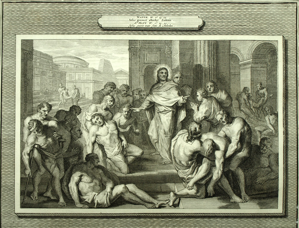JESUS SOIGNE LES MALADIES et PRECHE SUR LA MONTAGNE Gravure de la Bible 1700 JESUS SOIGNE LES MALADIES et PRECHE SUR LA MONTAGNE Gravure de la Bible 1700