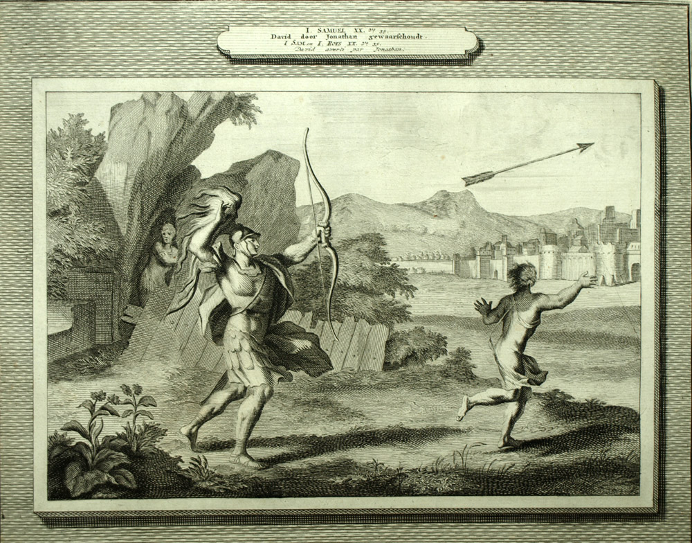 DAVID AVERTI PAR JONATHAN et L'EPÉE DE GOLIATH Gravure de la Bible Mortier 1700 
