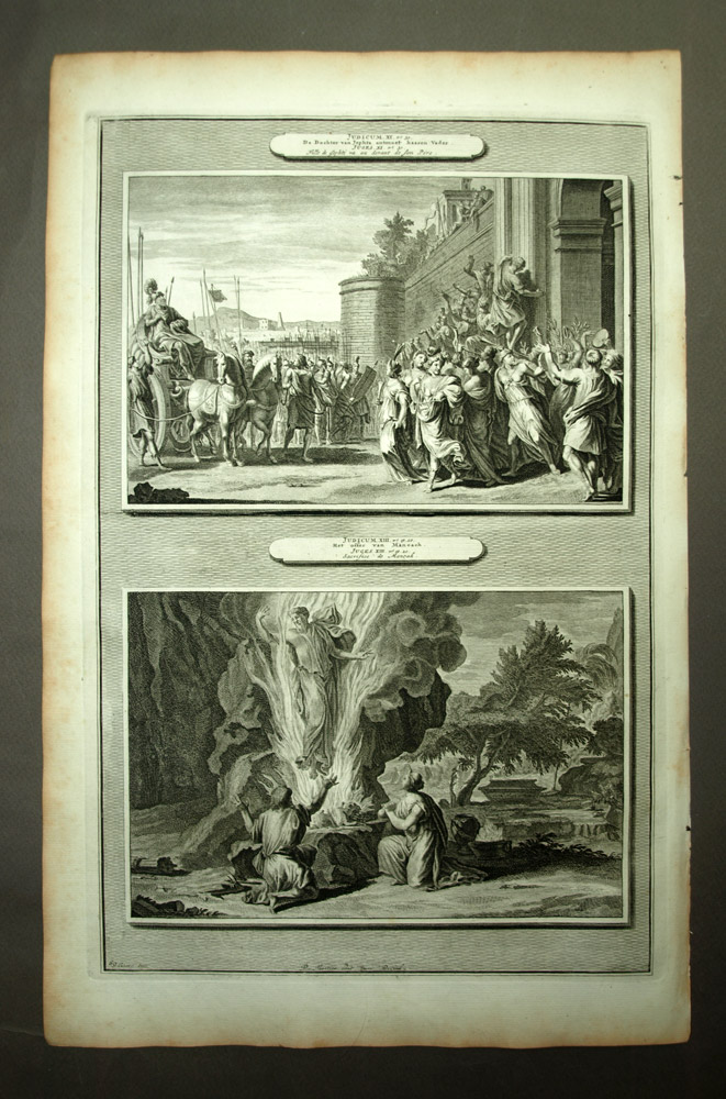 Sacrifice Of Manoach Antique Testament engraving The Bible Mortar 1700
