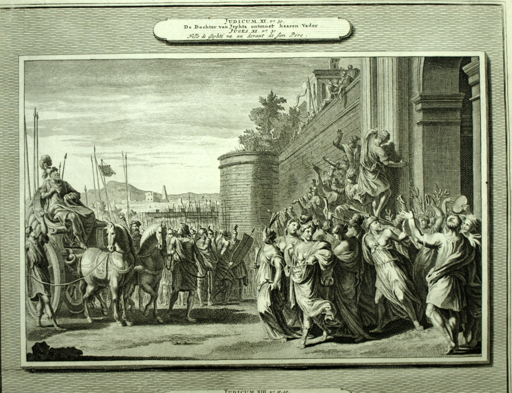 Sacrifice Of Manoach Antique Testament engraving The Bible Mortar 1700