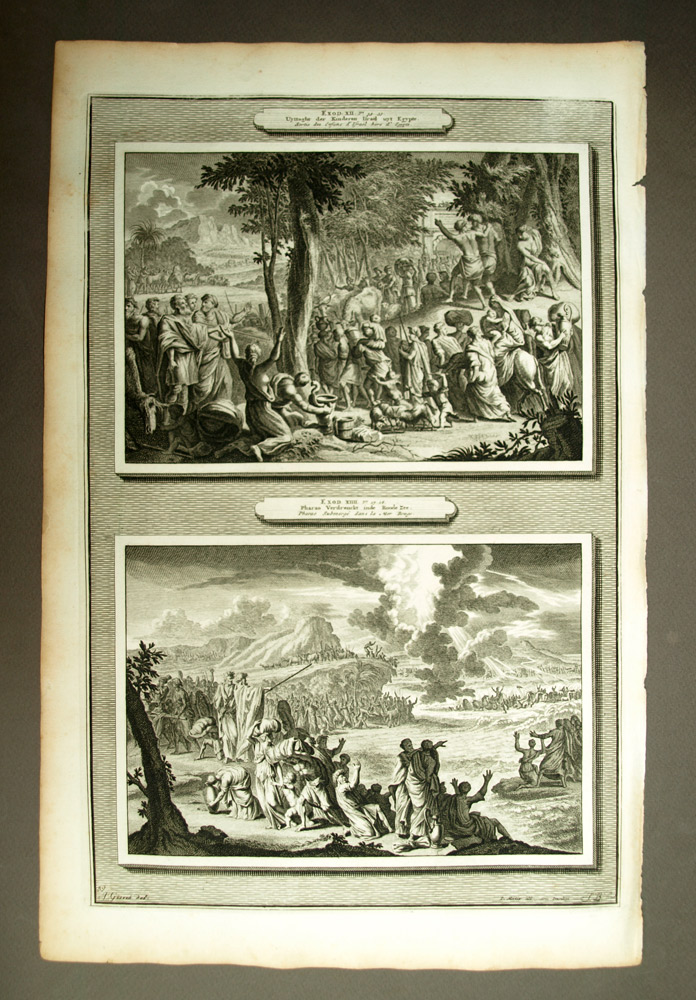 Exit of the children of Israel of Egypt and submerged Pharaoh Red Sea engraving 1700 