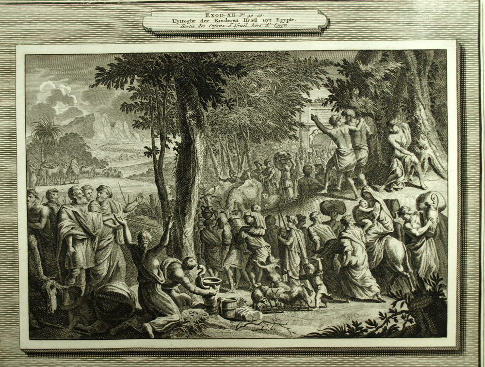 Exit of the children of Israel of Egypt and submerged Pharaoh Red Sea engraving 1700 