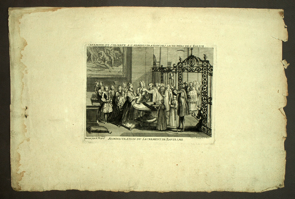 VERWALTUNG DES SAKRAMENTS DER TAUFE Gravur von Picard in Crepy le Fils aus dem 18. Jahrhundert 