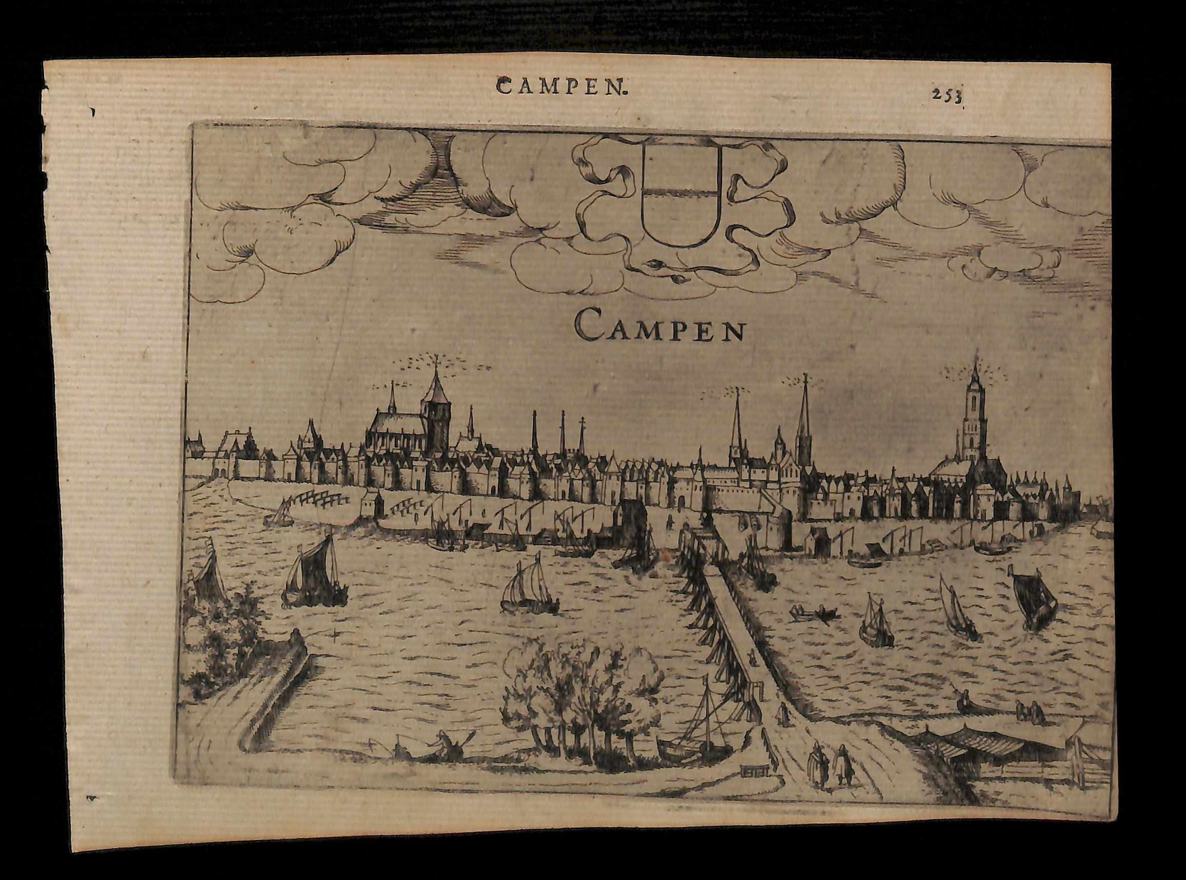 VUE LA VILLE DE KAMPEN AU PAYS-BAS gravure originale ancienne Guicciardini 1613 