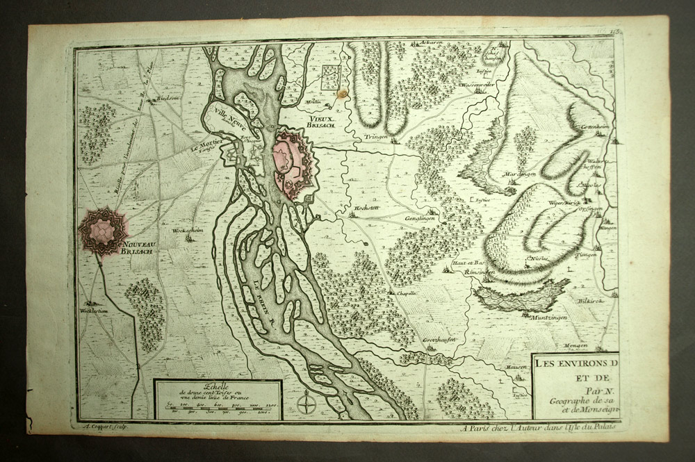 CARTE GEOGRAPHIQUE DU NEUF ET VIEUX BRISACH Gravure estampe Nicolas de Fer 1723 