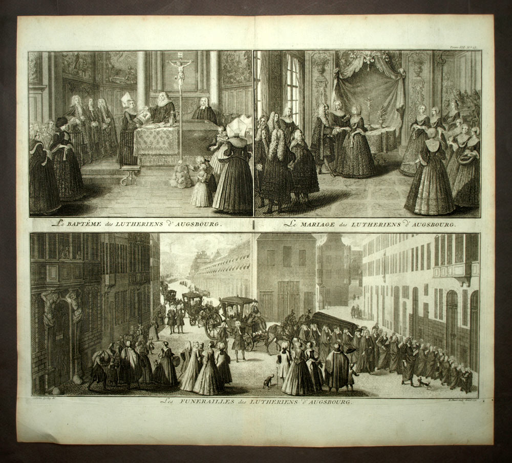 THE BAPTISM WEDDING FUNERAL OF THE LUTHERANS IN AUGSBURG original engraving 1732 