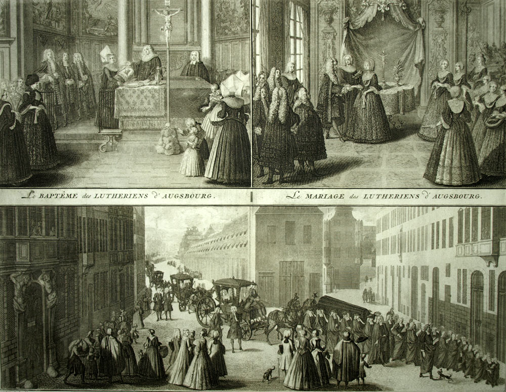 THE BAPTISM WEDDING FUNERAL OF THE LUTHERANS IN AUGSBURG original engraving 1732 