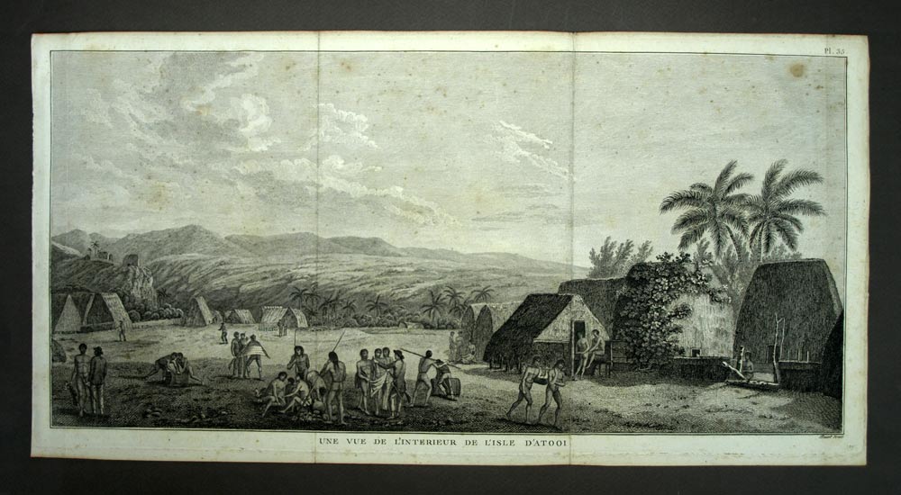 VUE DE L'INTERIEUR DE L'ISLE D'ATOOI ou TAHITI Gravure du voyage de COOK 1777 