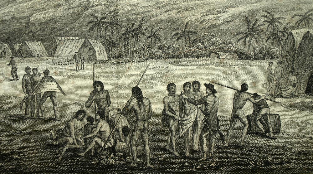 VUE DE L'INTERIEUR DE L'ISLE D'ATOOI ou TAHITI Gravure du voyage de COOK 1777 