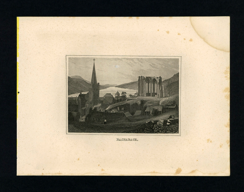 View of the city of Bacharach in Germany Original engraving from the 19th century. 