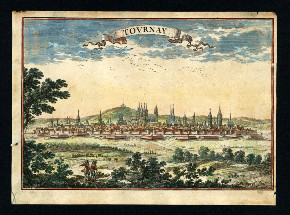 Adam PEREL, Plan de la ville de TOURNAY, gravure originale aquarellée d'époque 