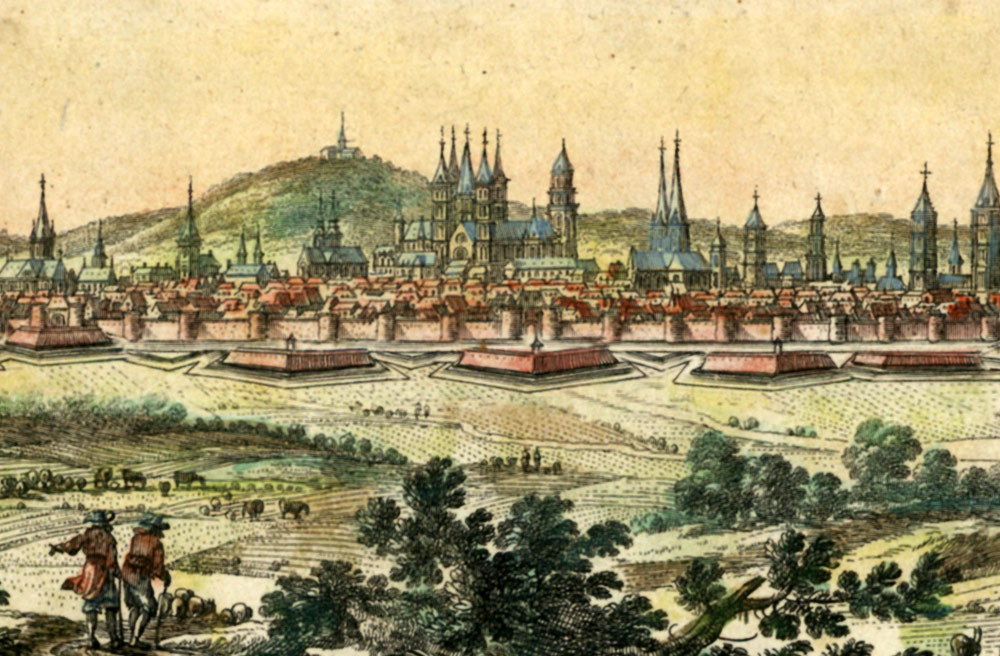 Adam PEREL, Plan de la ville de TOURNAY, gravure originale aquarellée d'époque 