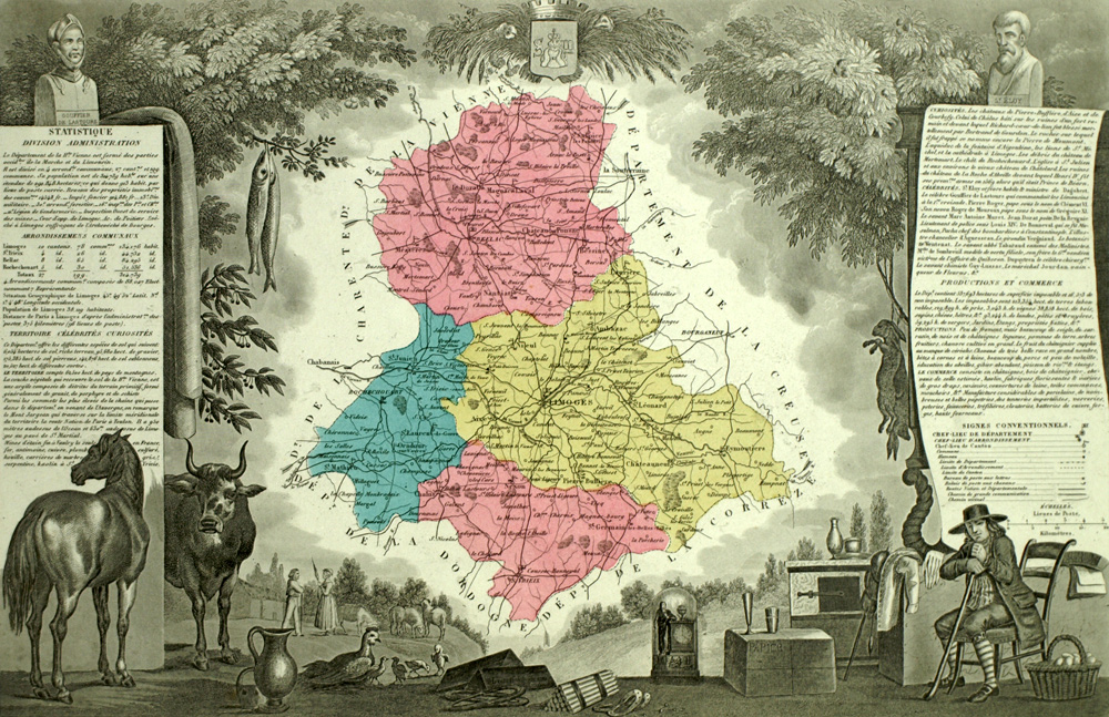 Carte g&eacute;ographique ancienne 1861, DEPARTEMENT DE LA HAUTE VIENNE, R&Eacute;GION LIMOGES 