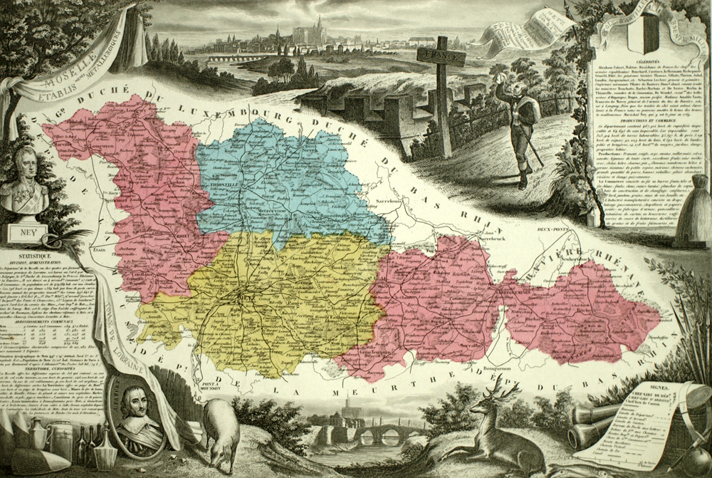 1861 Carte géographique ancienne DÉPARTEMENT DE LA MOSELLE, RÉGION DE METZ map 
