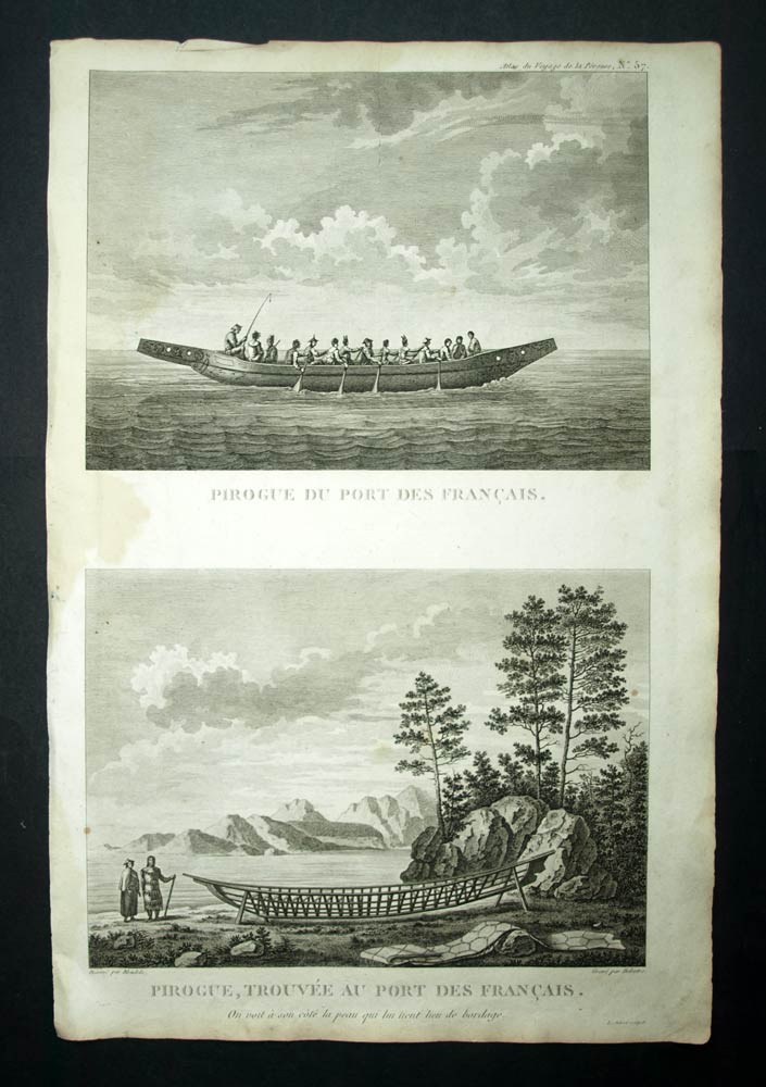Gravure originale Voyage de Lapérouse 1797 ,PIROGUE DU PORT DES FRANCAIS ALASKA 