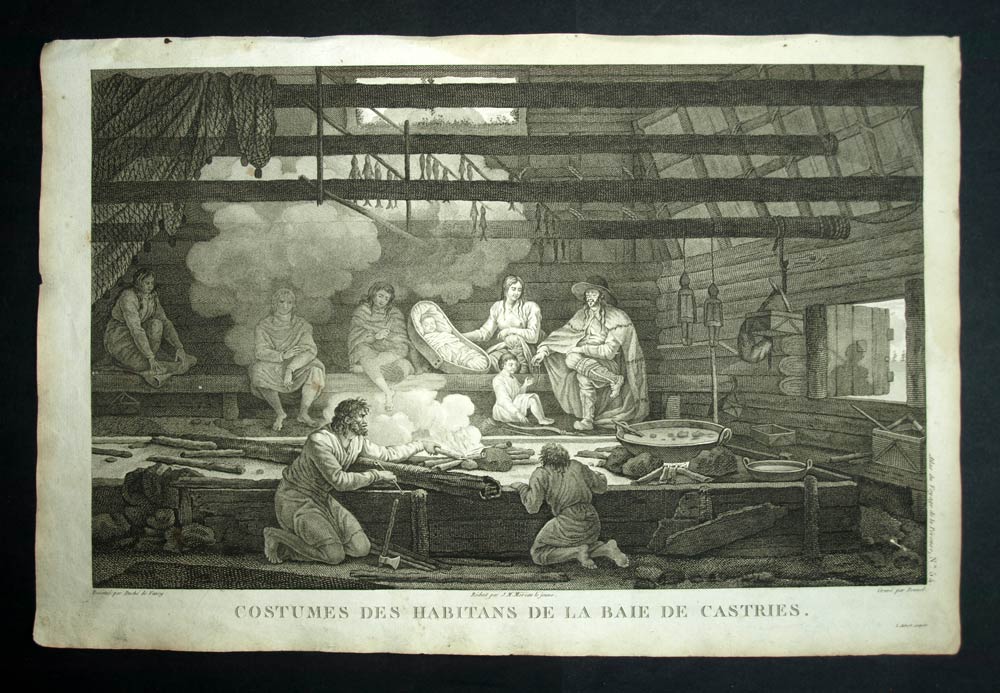 engraving Voyage de Lapérouse 1797, COSTUMES OF THE INHABITANTS OF THE BAY OF CASTRIES 