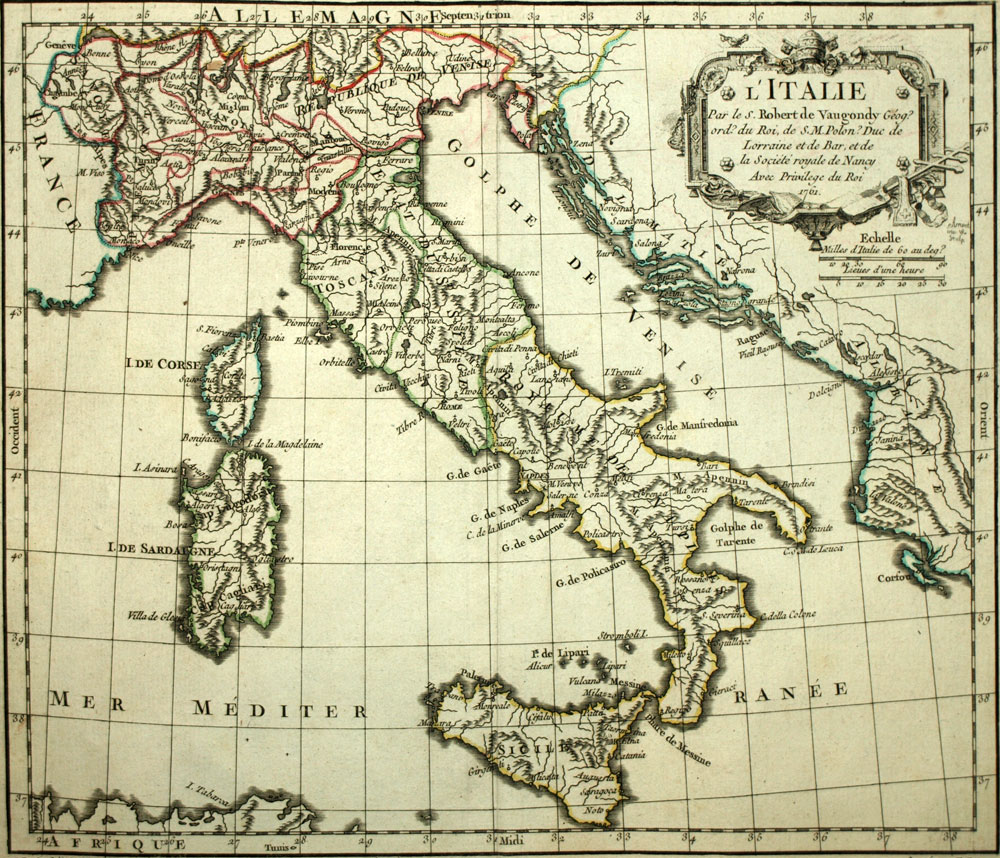 map geographic old OF ITALY, By Robert de Vaugondy 1761 Antic map 