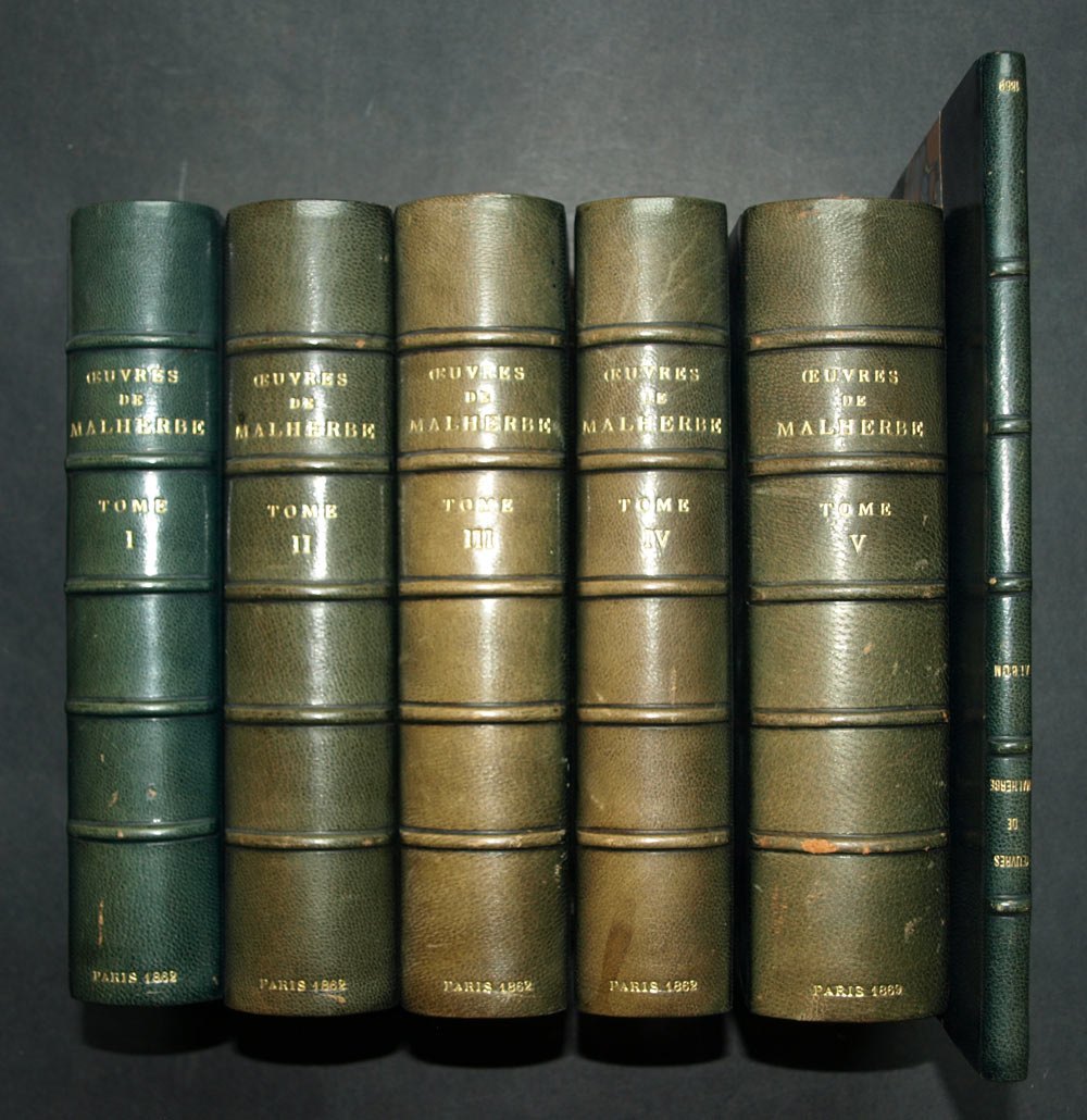 &OElig;UVRES COMPL&Egrave;TES DE MALHERBE par M.L. Lalanne 1862, 6 volumes reli&eacute;s cuir 