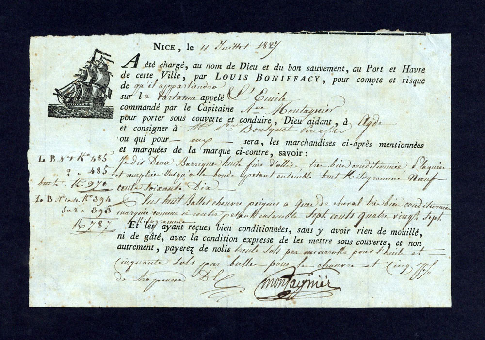 Document Maritime, Marine marchande commandé par le Capitaine Montagnier 1827 