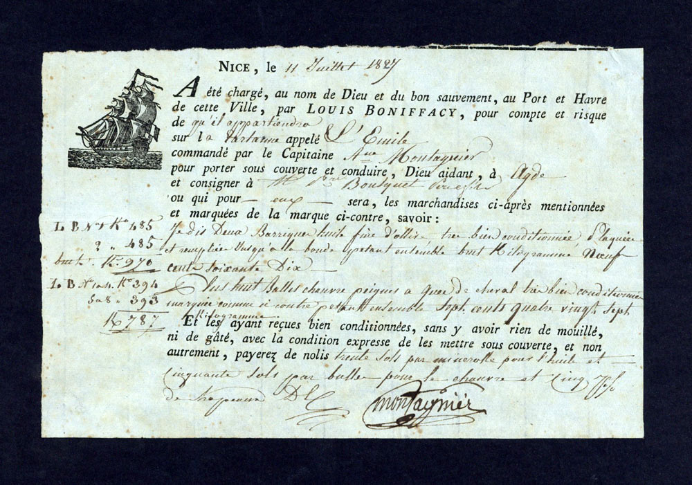 Documento marittimo, Merchant Marine comandata dal Capitano Montagnier 1827 