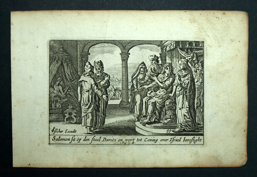 1700 Grabado del Antiguo Testamento de la Biblia Salomón Rey de Israel y los Hebreos 