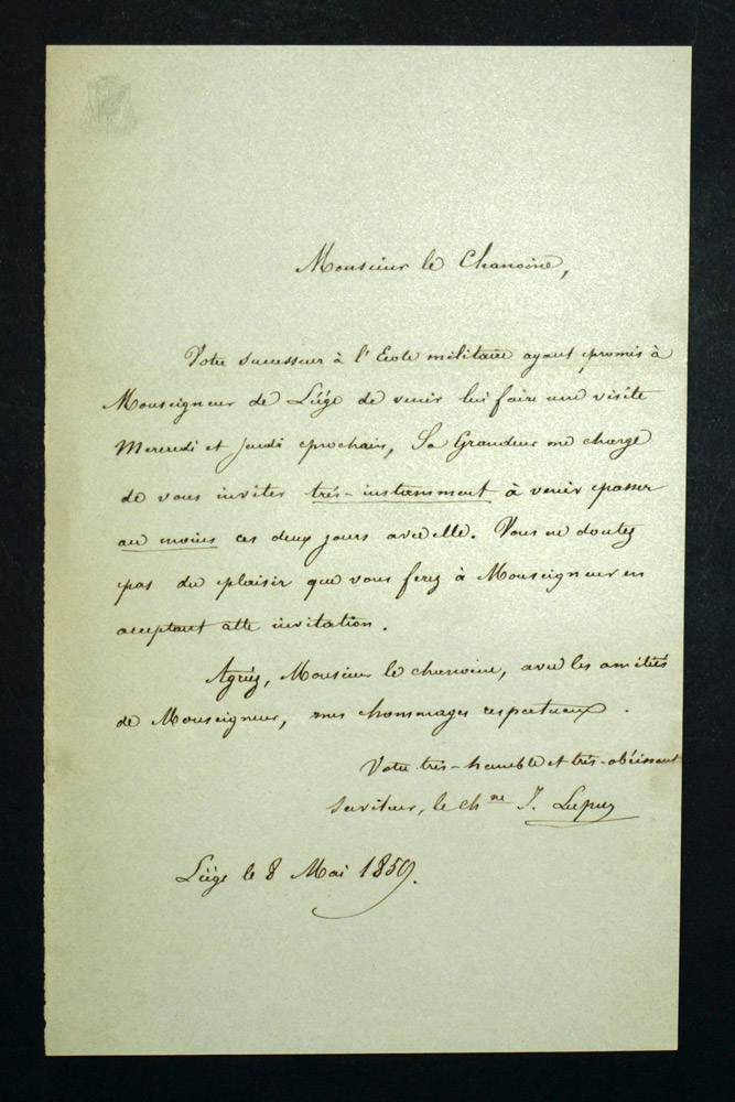 Lettre manuscrite du Chanoine J. LUPUS honoraire de la cath&eacute;drale de Li&egrave;ge 1859 