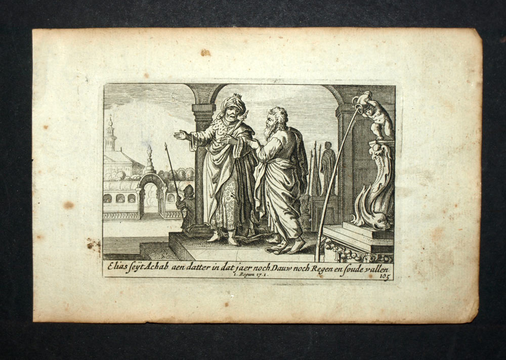 1700 Estramado Grabado de la Biblia del Antiguo Testamento Elie y el rey Ahab de Israel 