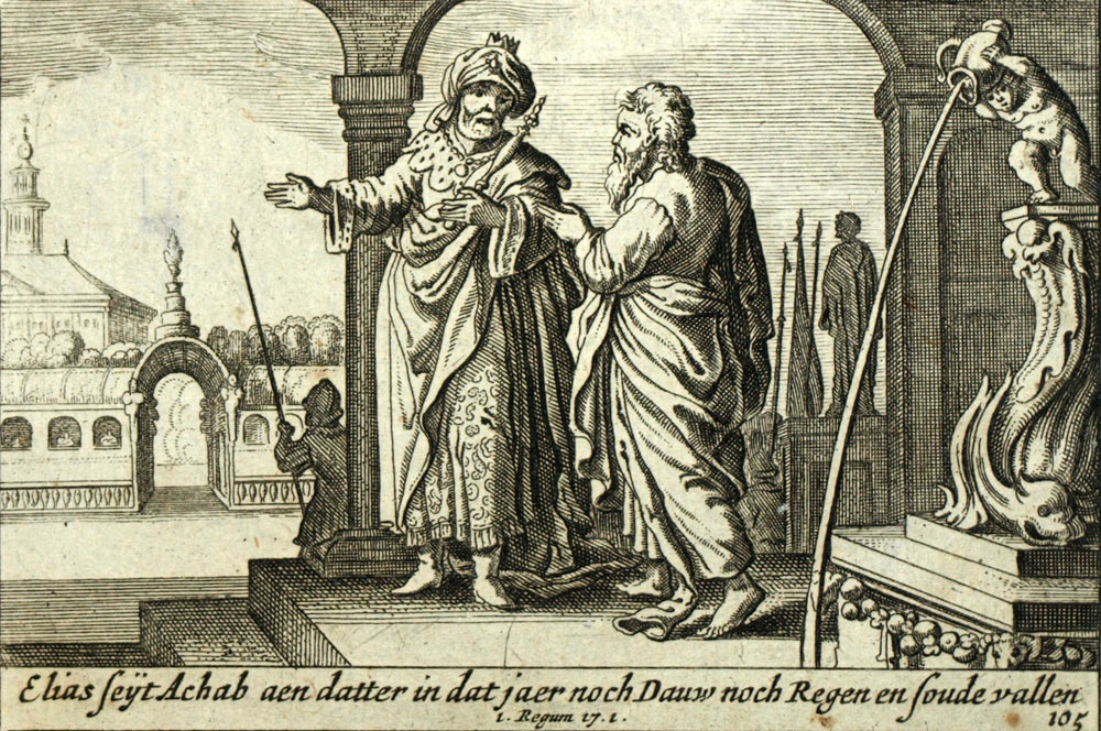 1700 Estramado Grabado de la Biblia del Antiguo Testamento Elie y el rey Ahab de Israel 