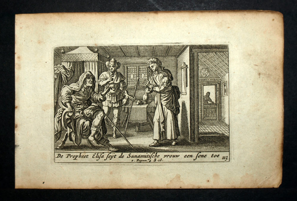1700 alttestamentlicher Bibeldruck Gravur DER PROPHETE ELISHUS UND SUNAMITE 1700 alttestamentlicher Bibeldruck Gravur DER PROPHETE ELISHUS UND SUNAMITE