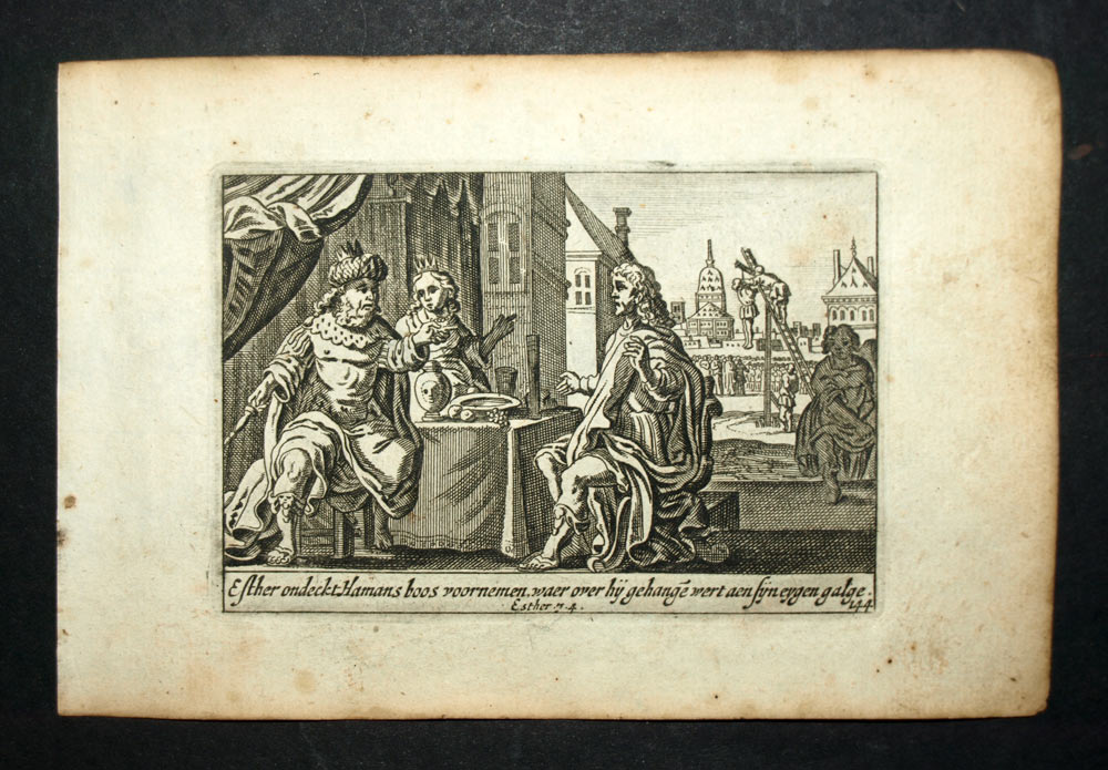 1700 Gravure de la Bible ancien testament ESTHER ET HAMAN LE MAUDIT ANTISÉMITE. 