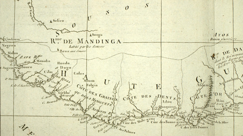 El Golfo de Guinea en mapa geográfico de África occidentalantiguo de 1787 