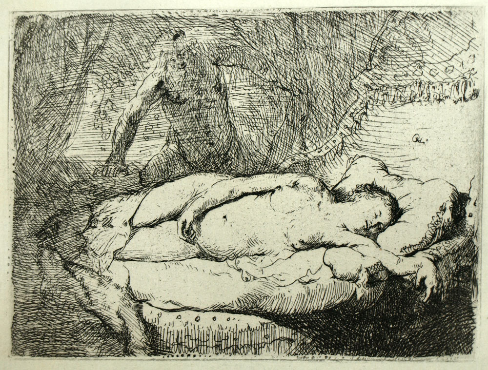YOUNG NUDE WOMAN engraving Etching by Rembrandt print from 1880 