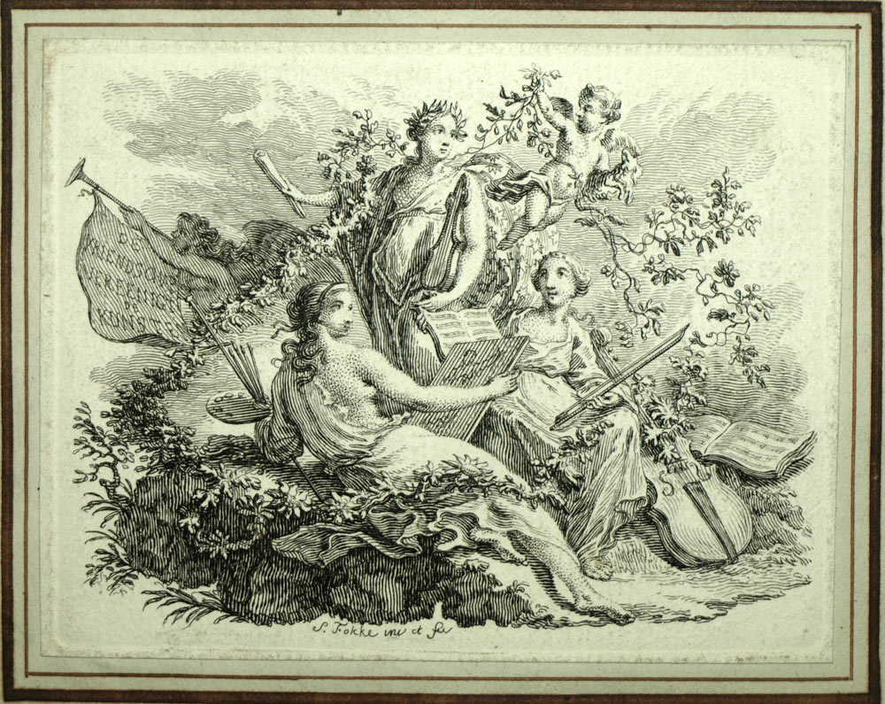 D&Eacute;ESSES DE LA MUSIQUE DES ARTS ET MUSIQUE, gravure originale de Simon FOKKE 