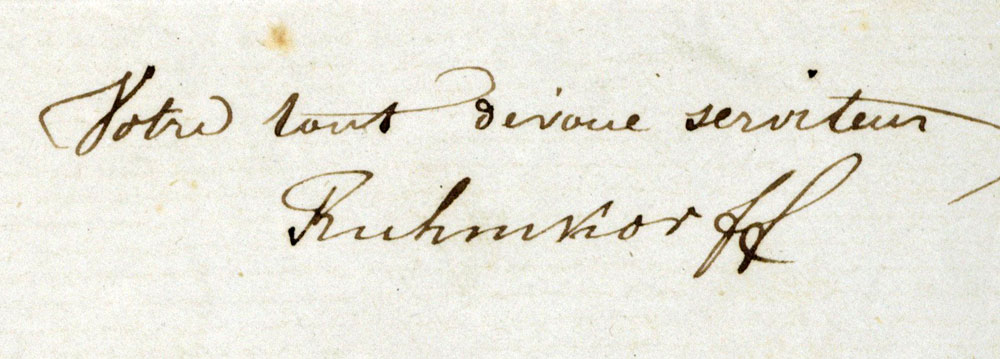 Courrier lettre manuscrit de Heinrich Daniel Ruhmkorff de sa Bobine le Rhéotome 