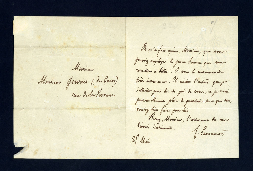 Lettre manuscrite de F&eacute;licit&eacute; Robert de La Mennais, pr&ecirc;tre philosophe th&eacute;ologien 