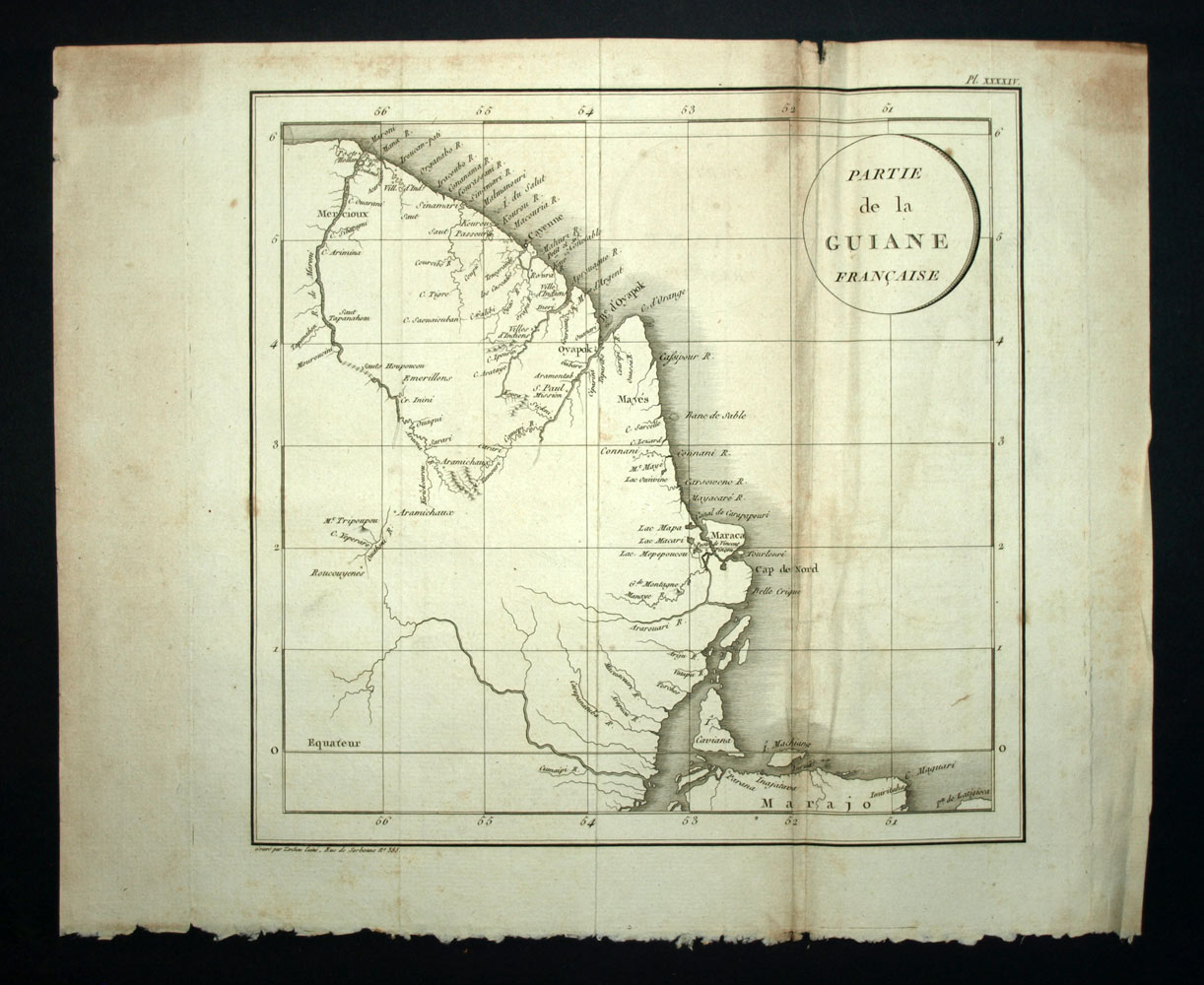 map from FRENCH GUYANA, SURINAME, original travel engraving 1798, map 