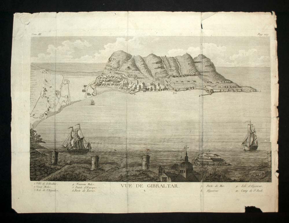 View of the city of Gibraltar its strait engraving print an old illustration 