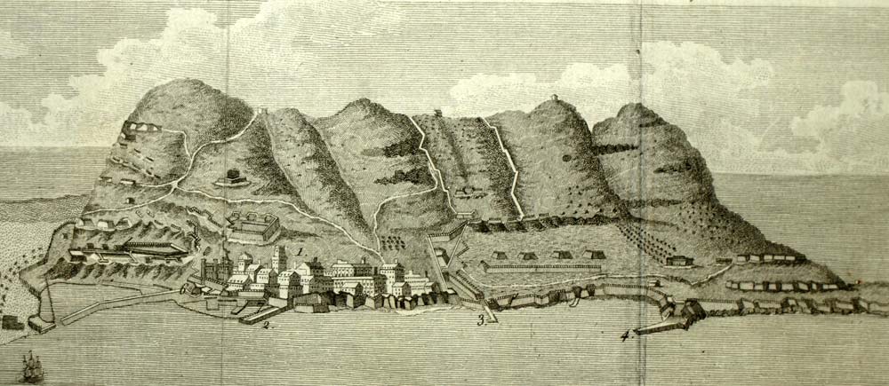 View of the city of Gibraltar its strait engraving print an old illustration 