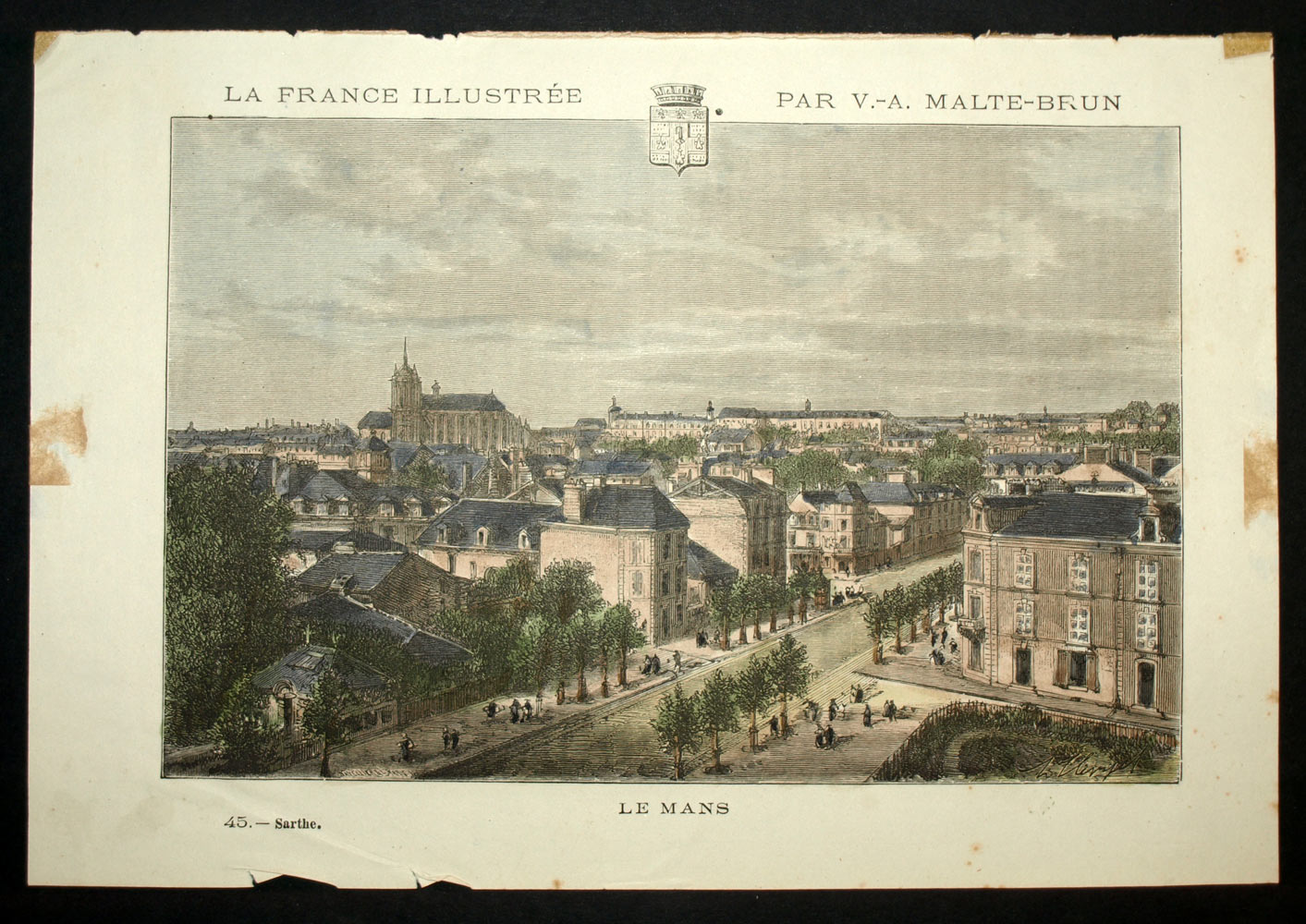 VUE DE LA VILLE DU MANS Tirage gravure du 19eme siècle rehaussée à l'aquarelle 
