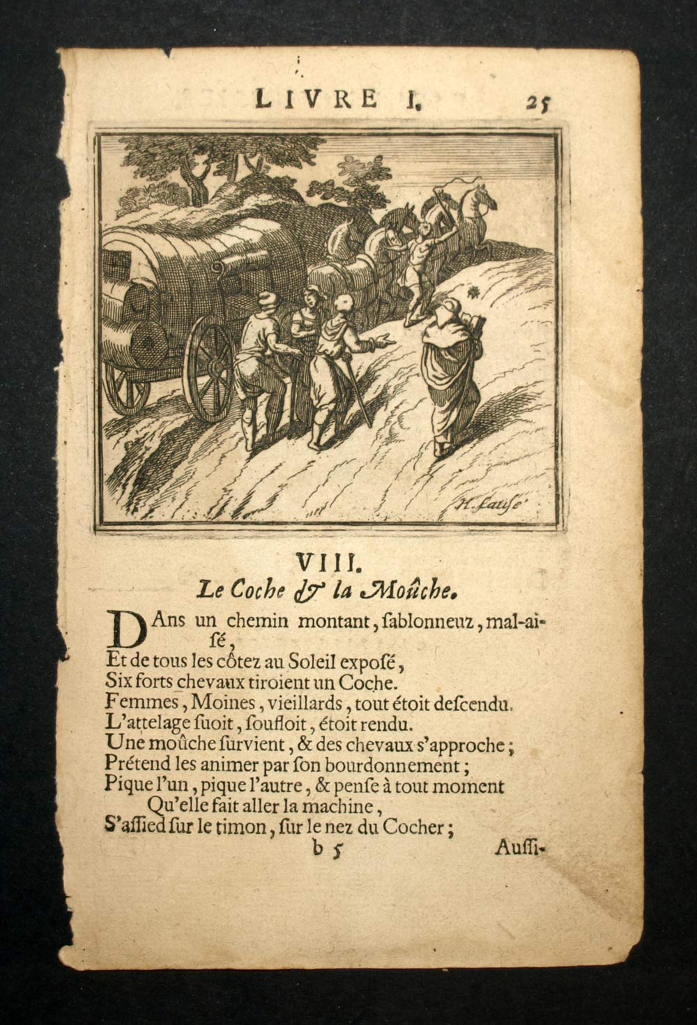 LE COCHE ET LA MOUCHE Fable de Jean de Lafontaine, gravure ancienne 1703 