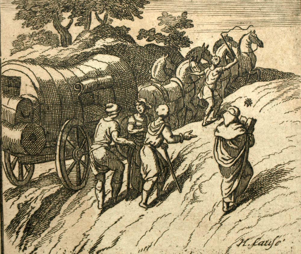 LE COCHE ET LA MOUCHE Fable de Jean de Lafontaine, gravure ancienne 1703 