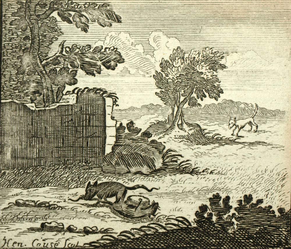 LE DEUX RATS, LE RENARD ET L'OEUF Fable de Lafontaine, gravure ancienne 1703 