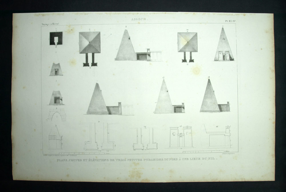 Plan of three Pyramids of Assur or Assour original lithography of 1823 