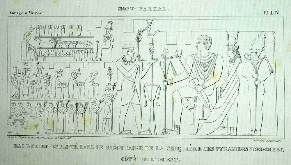 BAS RELIEF OF A SANCTUARY OF A PYRAMID BY GEBEL BARKAL lithograph from 1823. 