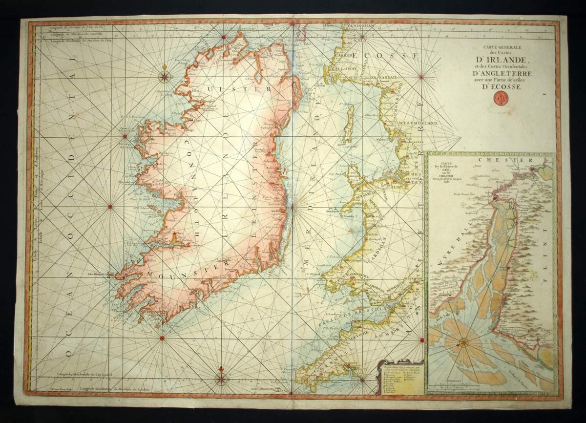 EXCEPTIONNEL CARTE G&Eacute;GRAPHIQUE D'IRLANDE, D'&Eacute;COSSE ET OUEST DE L'ANGLETERRE 1693 